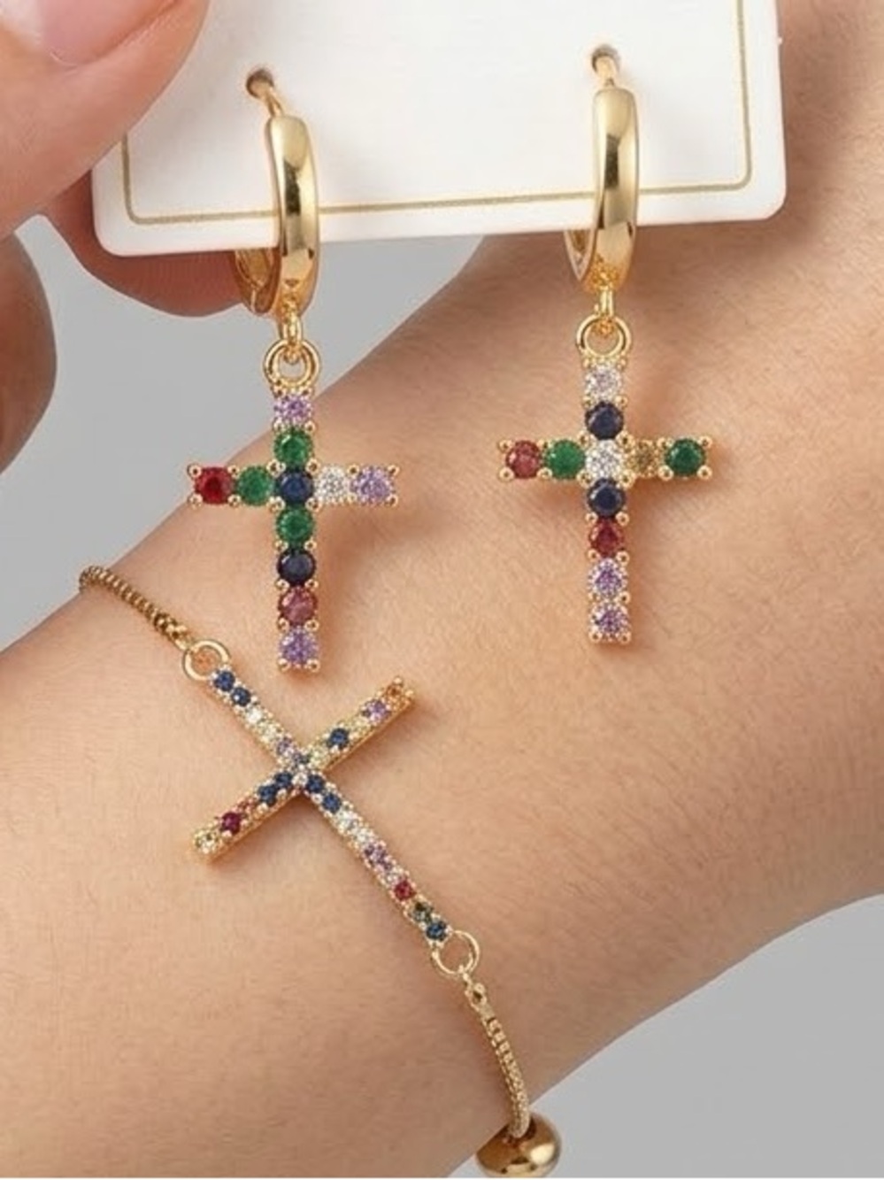 New Gold Cross with Multicolor Stones Adjustable Bracelet and Earrings set